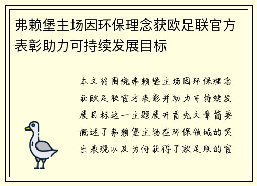 弗赖堡主场因环保理念获欧足联官方表彰助力可持续发展目标