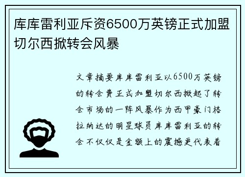 库库雷利亚斥资6500万英镑正式加盟切尔西掀转会风暴 库库雷利亚斥资6500万英镑正式加盟切尔西掀转会风暴
